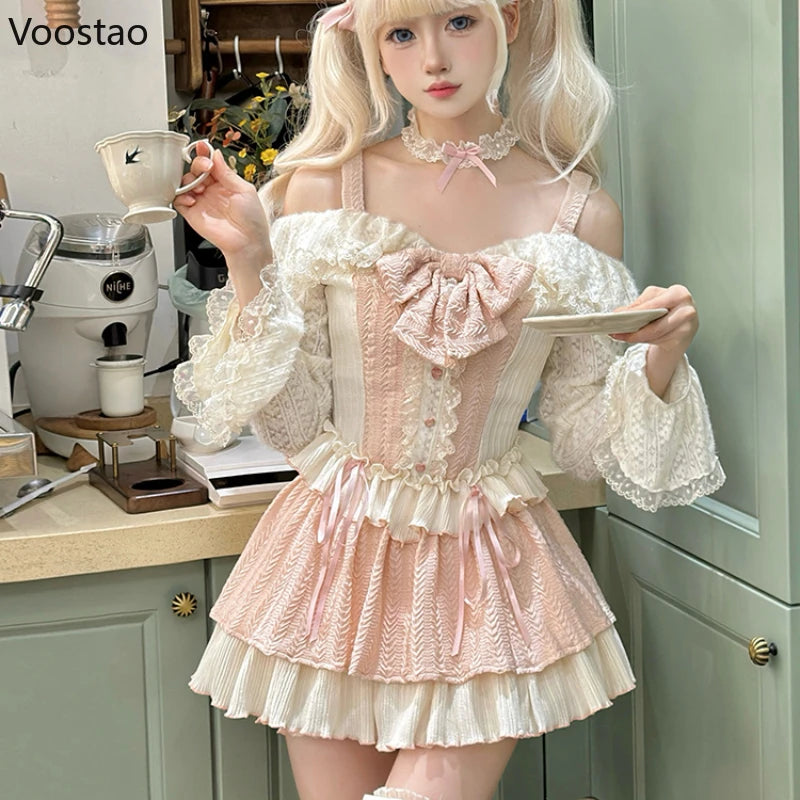 Sweet Lolita Style Skirt Sets Women Kawaii Bow Lace Ruffles Long Sleeve Off Shoulder Tops Y2k Cake Skirt Suit Pink 2 Piece Set