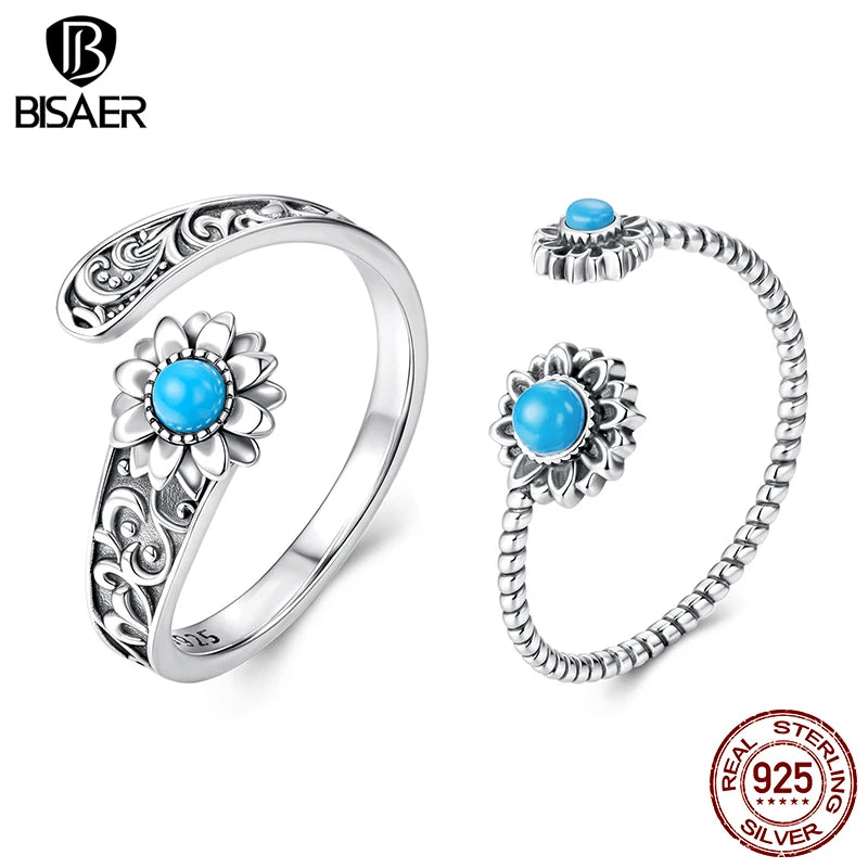 BISAER Solid 925 Sterling Silver Sunflower Turquoise Open Ring Vintage Blooming Flower Band for Women Party Fine Jewelry Gift
