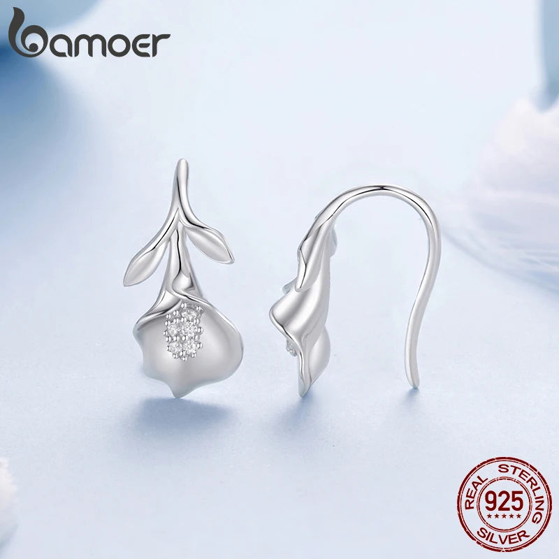 BAMOER Solid 925 Sterling Silver Calla Lily Hook Earrings for Women, Pavéd CZ 3D Flower Dangle Earrings Elegant Jewelry Gift
