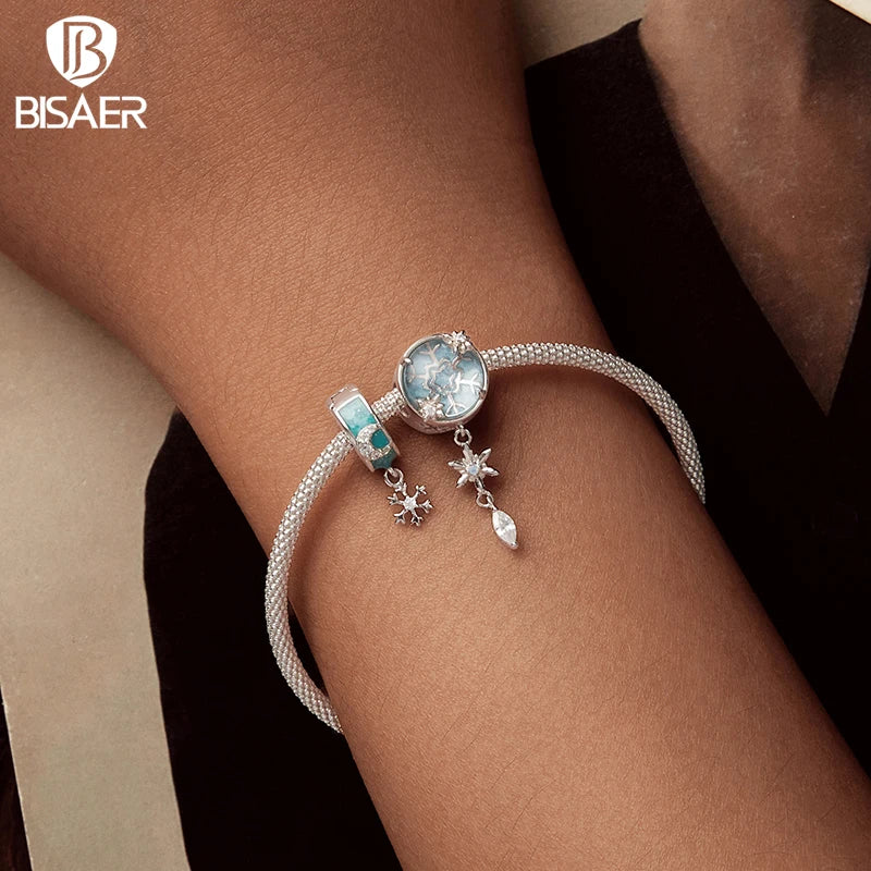 BISAER 925 Argent Sterling Cristal Flocon De Neige Charm Perle Papillon Flocon De Neige Stopper Pendentif pour Femmes Bracelets DIY Bijoux Fins