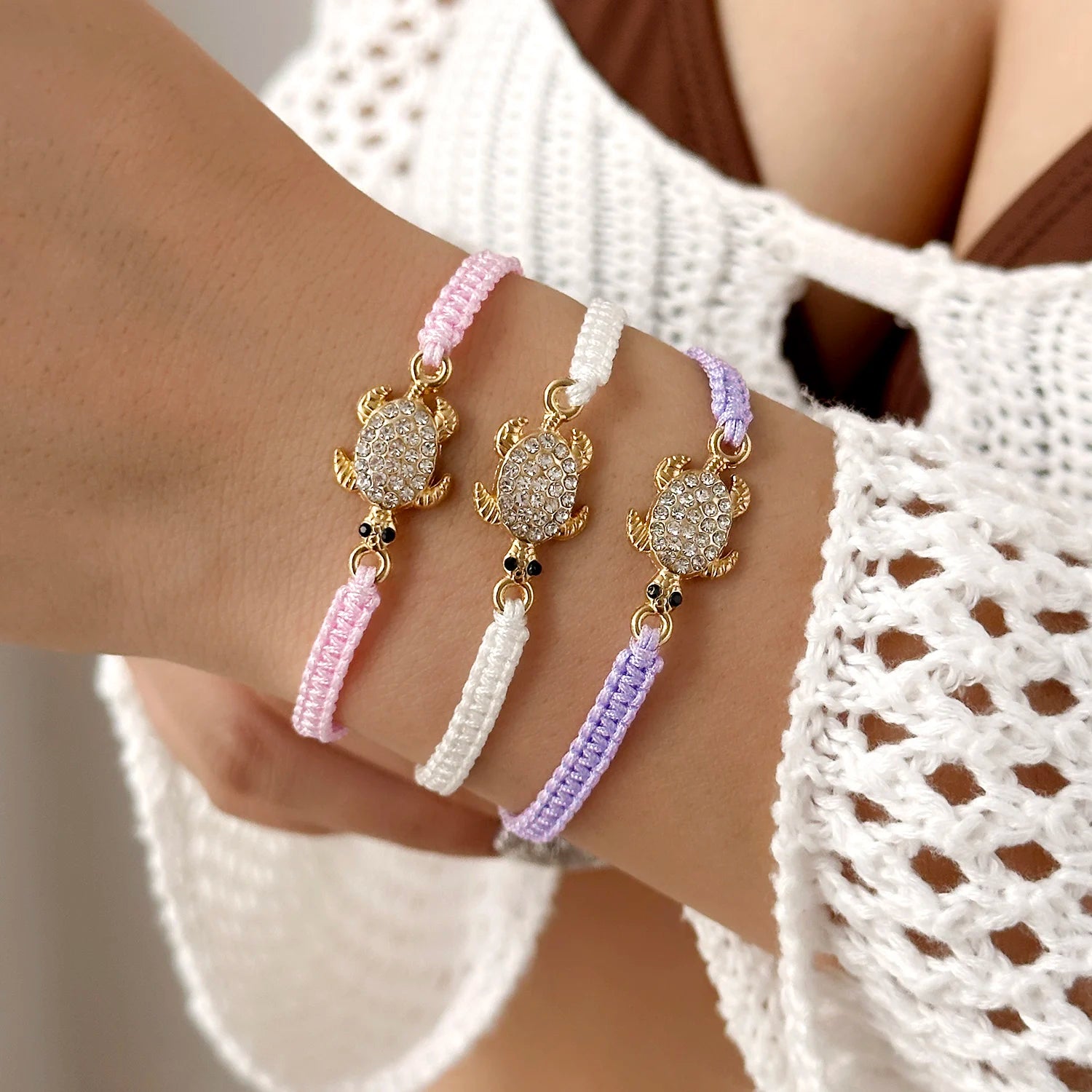 Boho Bohemian Sea Turtle Woven Bracelet For Women Full Rhinestone Tortoise Handmade Bangles Beach Party Banquet Charm Jewelry