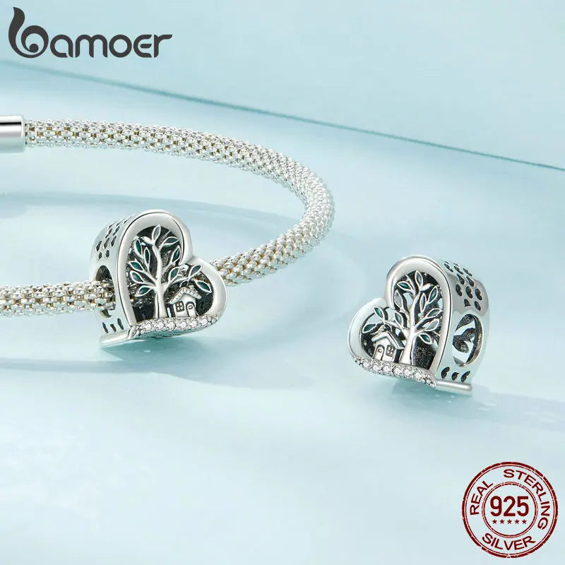 Bamoer 925 Sterling Silver Four-leaf Clover Beads Family The Tree of Life Pendant Charms for Women Bracelet and Necklace DIY