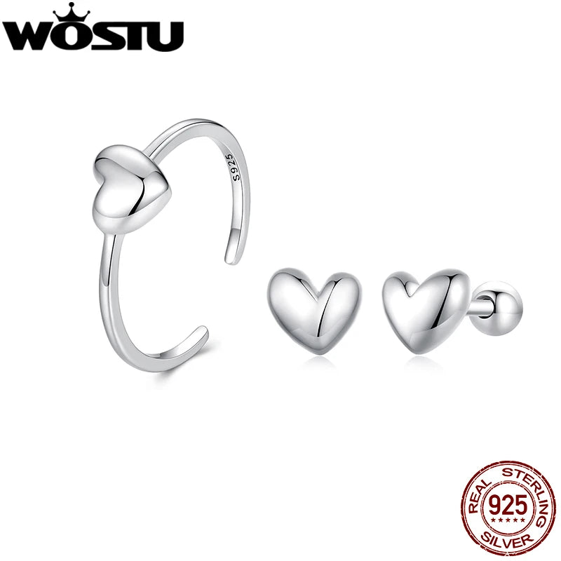 WOSTU 925 Sterling Silver  Mini Heart Opening Rings Stud Earrings Wedding Party Birthday Valentine's Gift Minimalism Jewelry Set