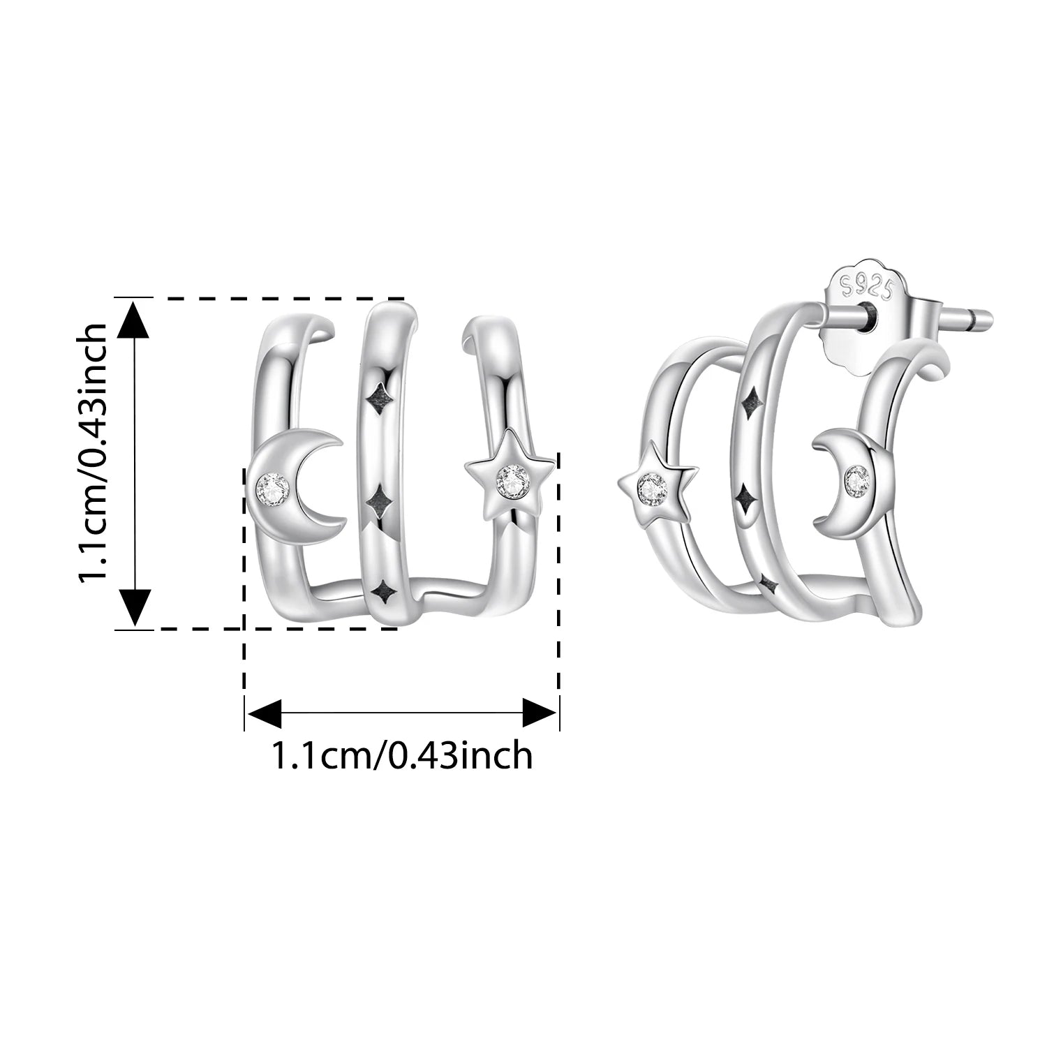 BISAER Solid 925 Sterling Silver Multi-layer Moon Star Earrings Simple Sparkling Zircon Stud Ear for Women Party Fine Jewelry