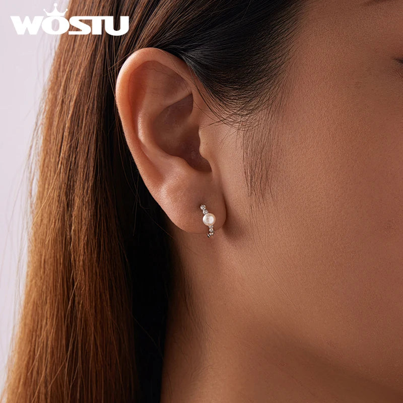 WOSTU Moissanite & Natural Pearl Bubble Hoop Earrings For Women, 925 Sterling Silver Elegant Huggies Pendient Xmas New Gift