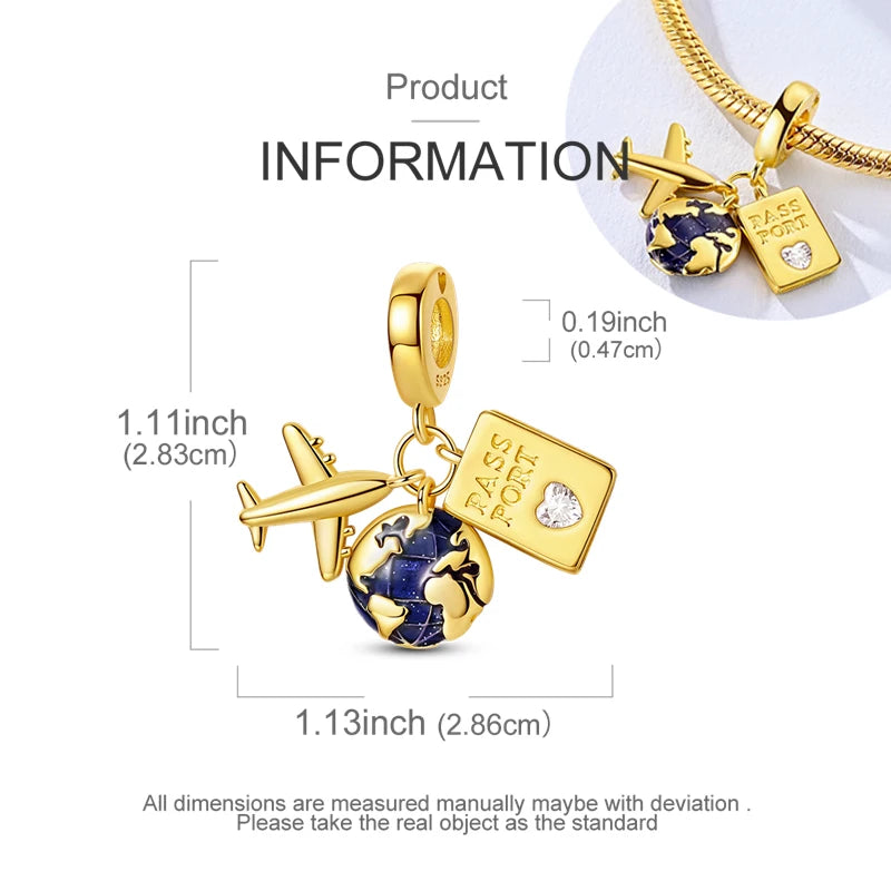 925 Sterling Silver Golden Charms CZ Zirconium Luggage Cross Traveling Dangle Bracelet DIY Jewelry Gifts for Women