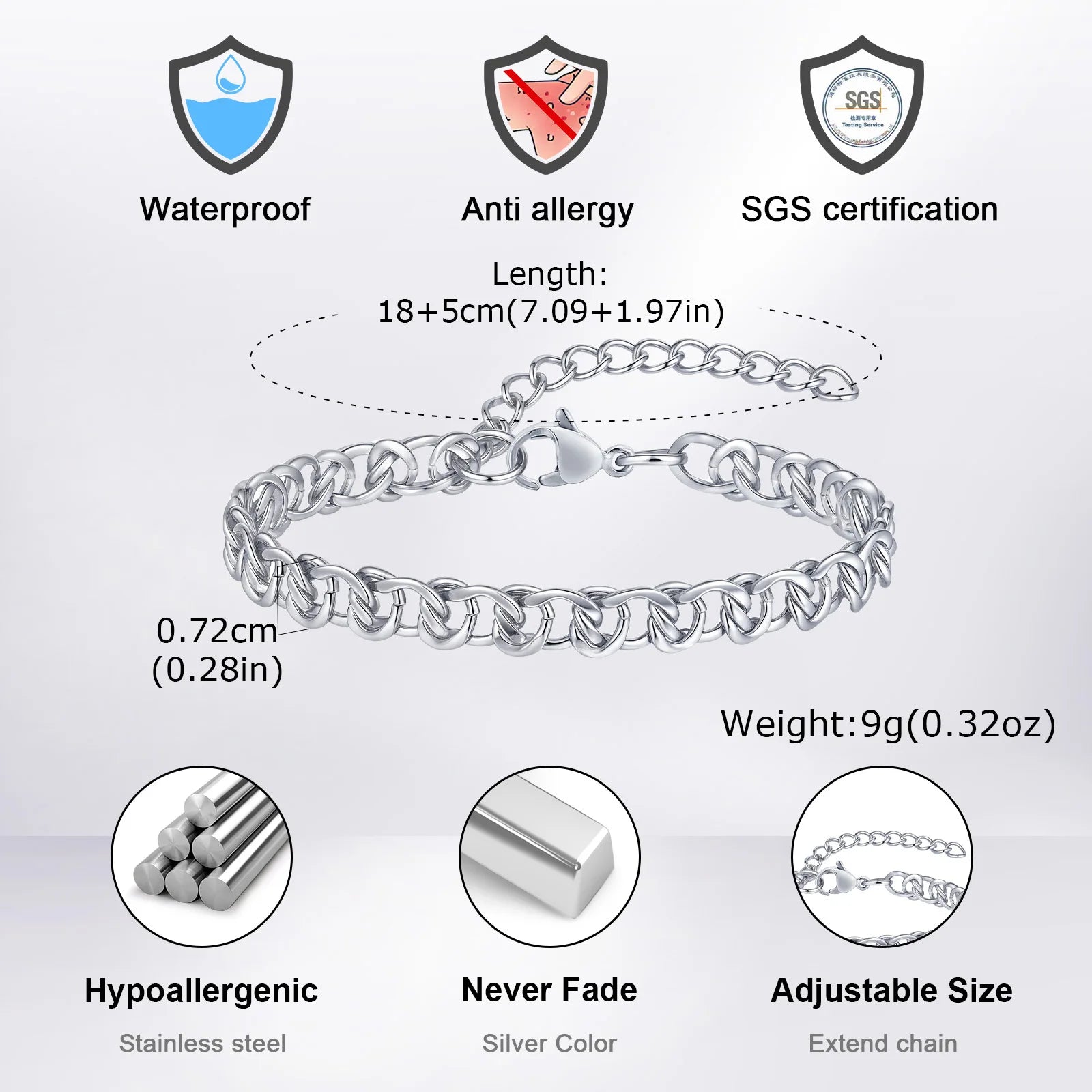 Vnox Double Knot Cuban Chain Bracelets for Men Women, Waterproof Silver Color Stainless Steel Bracelet Hand Jewelry