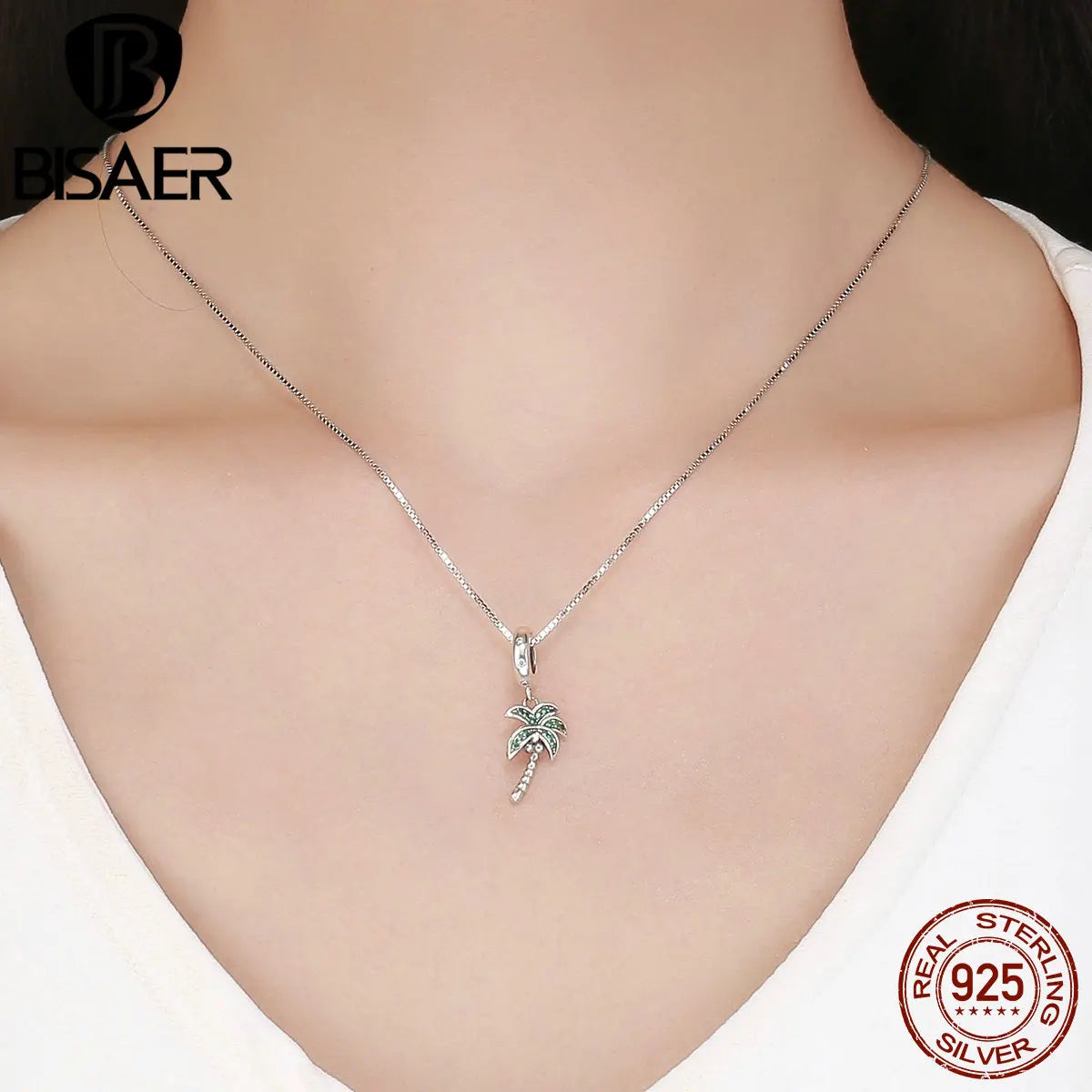 BISAER 925 Sterling Silver Charm Summer Coconut Tree Rond Zircons Pendentif Perle Pour Femmes DIY Bracelets Fine Jewelry EFC601