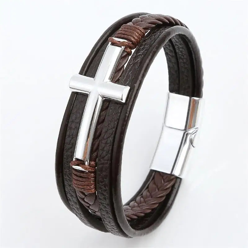 Multicolor Cross Design Classic Metal Clasp Men's Leather Bracelet 19/21/23cm Choose Handsome Christmas Gifts Male Jewelry