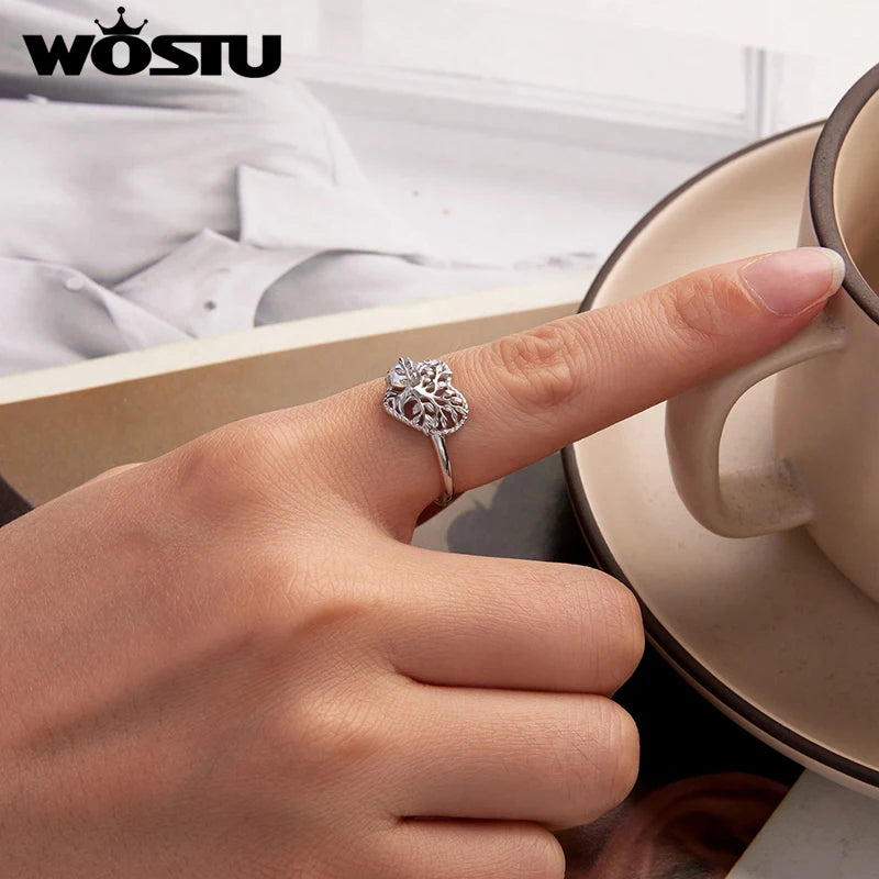 WOSTU 925 Sterling Silver Tree of Life Open Ring Heart Moonstone White Gold Women Wife Anniversary Birthday Fine Jewelry Gift