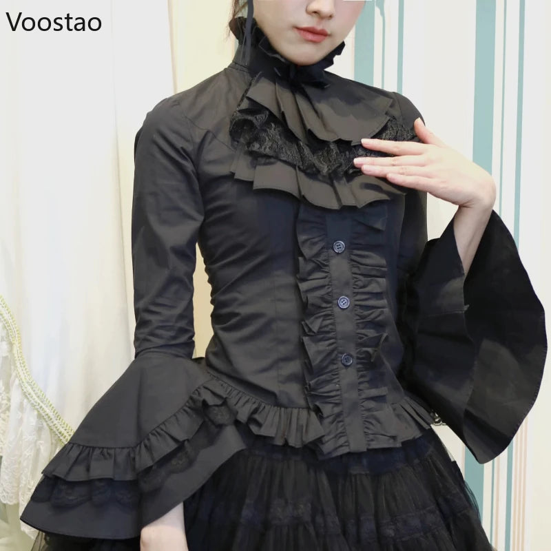 Japanese Gothic Lolita Flare Sleeve Shirts Women Y2k Aesthetic Lace Ruffle Patchwork Blouse Elegant Lady Loose Blusas Mujer Tops