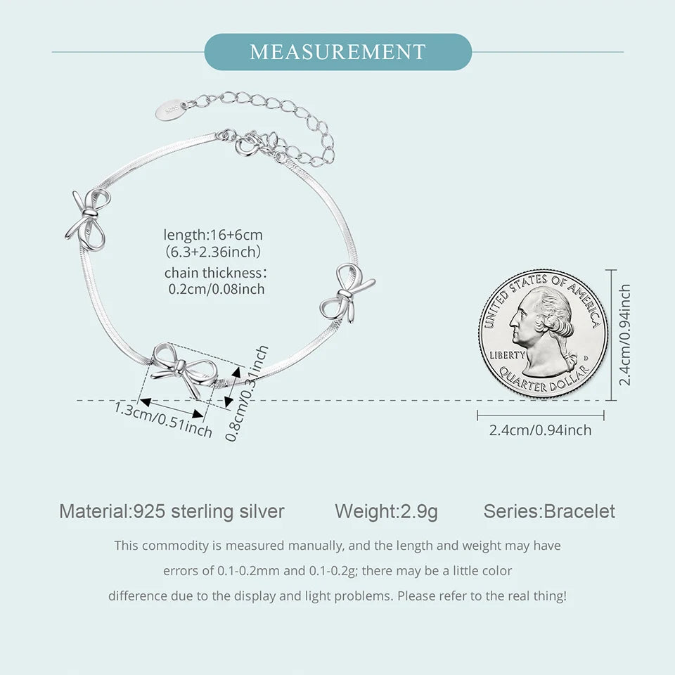 BISAER Real 925 Sterling Silver Bow Bracelet Adjustable Snake Bone Chain Plated White Gold for Women Party Fine Jewelry Gift