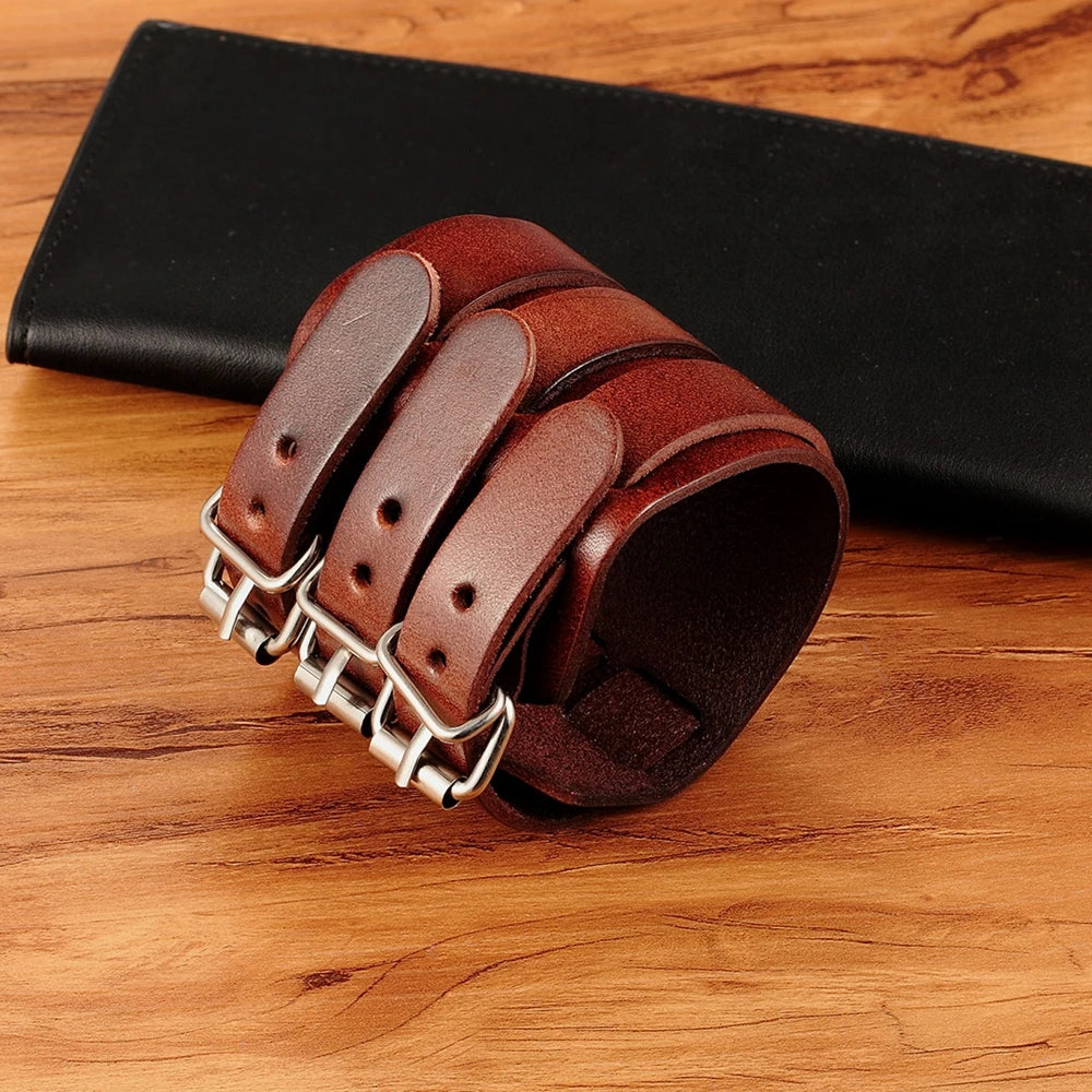 Bracelet homme vintage en cuir noir/marron, trois rangs, ajustable, style punk, idéal pour les fêtes et les anniversaires (vente en gros).