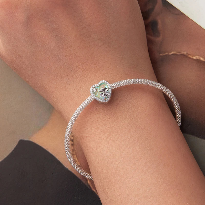 WOSTU 925 Sterling Lucky Green Four-leaf Clover Charm Pink Heart Pendant Faith Cross Bead Fit Bracelet Necklace Gift mom Family