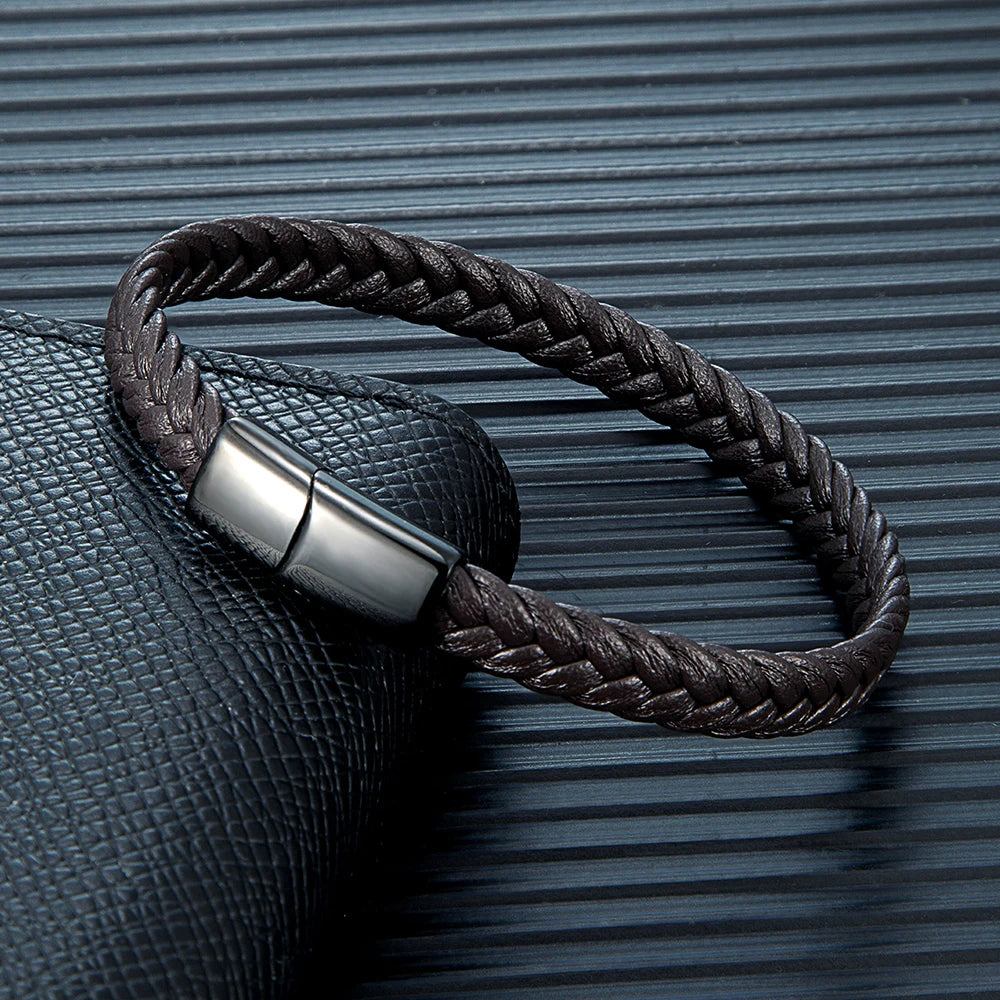 MKENDN Simple Classic Stainless Steel Bracelet for Women Men Genuine Braided Leather Bangles Special Couple Jewelry Gift