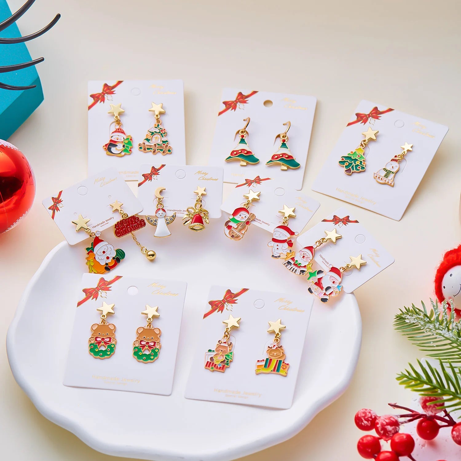 Christmas Asymmetrical Dangle Earrings For Women Santa Claus Christmas Tree Snowman Angel Zircon Pendant Earring Xmas Jewelry