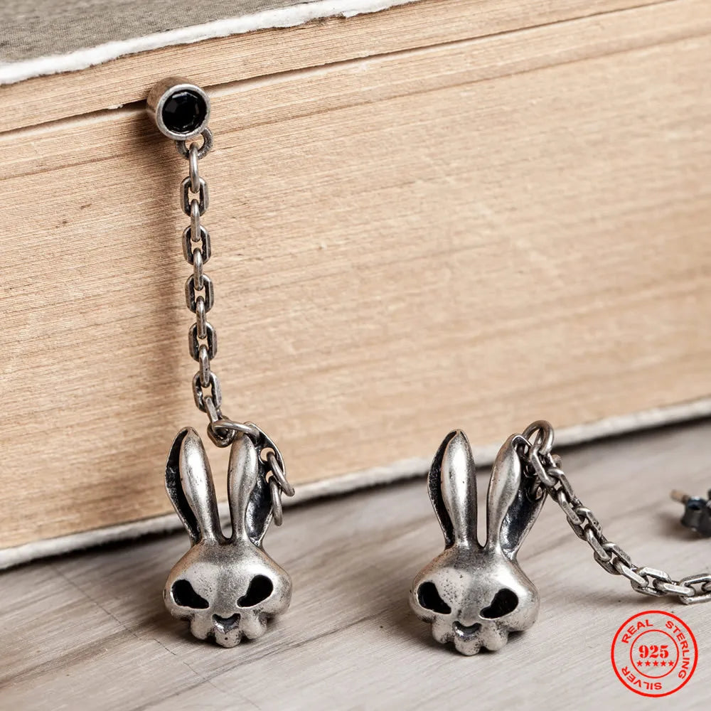 MKENDN 100% 925 Sterling Silber Kreative, niedliche Ohrhänger mit Hasenschädel-Motiv im trendigen Street-Punk-Stil für Damen und Herren – Feiner Schmuck