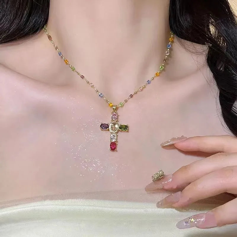 Exquisite Colorful Zircon Cross Pendant Necklaces for Women Girls Stainless Steel Luxury Religious Charm Choker Party Jewelry