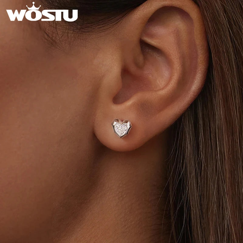 WOSTU 925 Sterling Silver Heart Stud Earrings for Women, Hypoallergenic Studs Luxury Prong Setting Gift for Valentines Day Mom