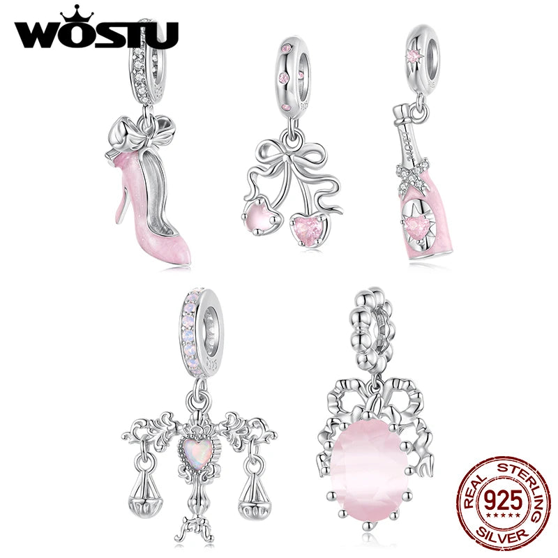 WOSTU 925 Sterling Silver Pink Cherry Pendant Bow White Gold Charm Original Sweet Fit for Women DIY Birthday Daily Fine Jewelry