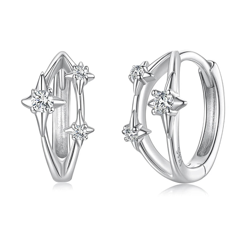 BAMOER Solid 925 Sterling Silver Stars Hoop Earrings for Women Teens Double Layer CZ Huggie Earrings Hypoallergenic Jewelry