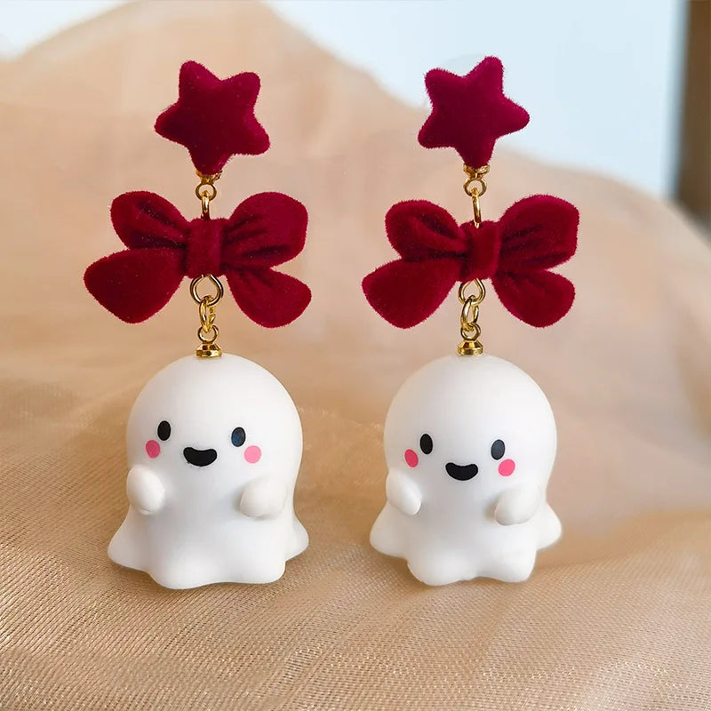 Fancy Resin Halloween Ghost Drop Earrings For Women Red Bowknot Flannel Ghost Dangle Earring Christmas Festival Party Jewelry