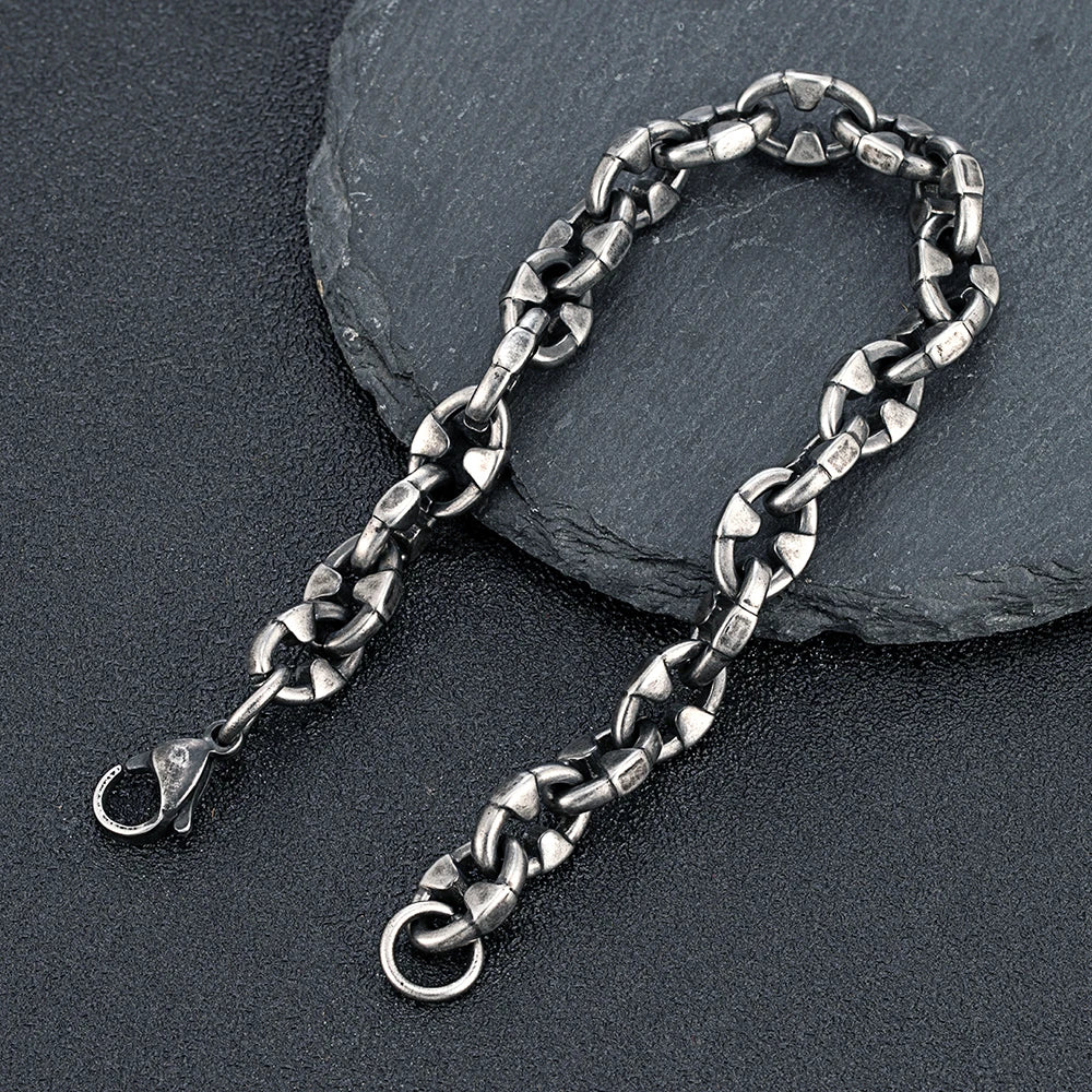 MKENDN Men‘s 8.5MM Width Locomotive Vintage Oxidized Black Thorns Chain Link Bracelet Punk Stainless Steel Biker Bracelets Gift