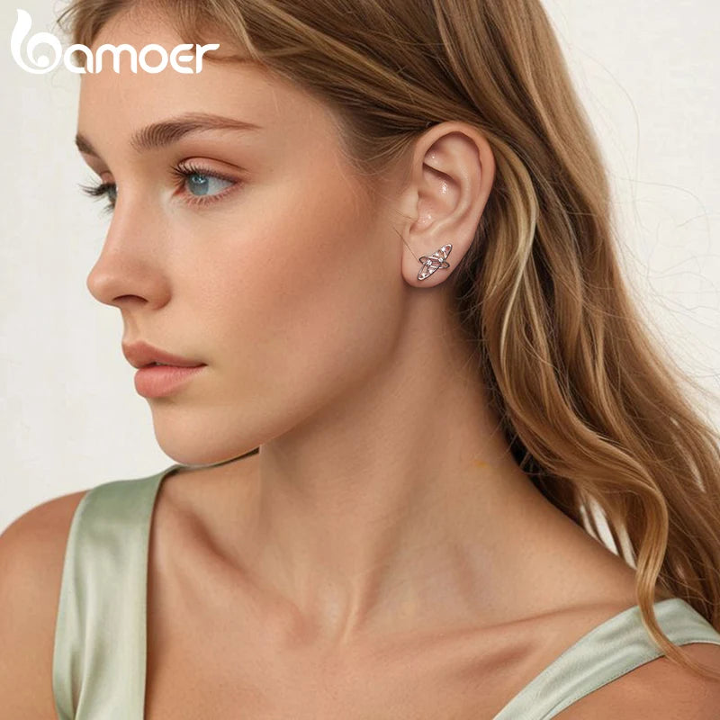 BAMOER Authentische Ohrstecker aus 925er Sterlingsilber mit Milchstraße, weißvergoldet, hypoallergen, planetenförmig, CZ-Ohrstecker, schickes Schmuckstück