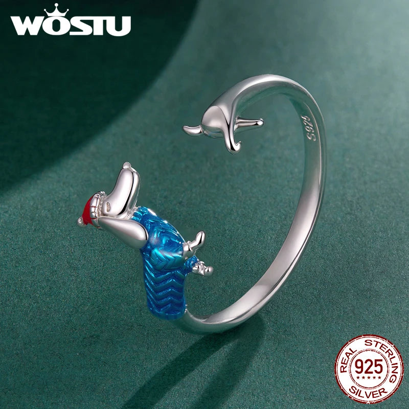WOSTU 925 Sterling Silver Dachshund Dog Open Ring With Christmas Hat, 925 Sterling Silver Pet Animal Unique Xmas Gift For Her
