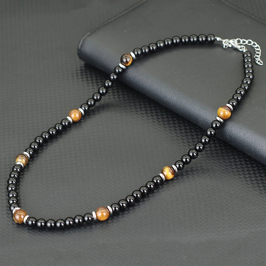 Stylish Natural Stone Necklace For Men Lava Tiger Eyes Howlite Hematite Healing Neck Accessories Hombre Stainless Steel Buckle