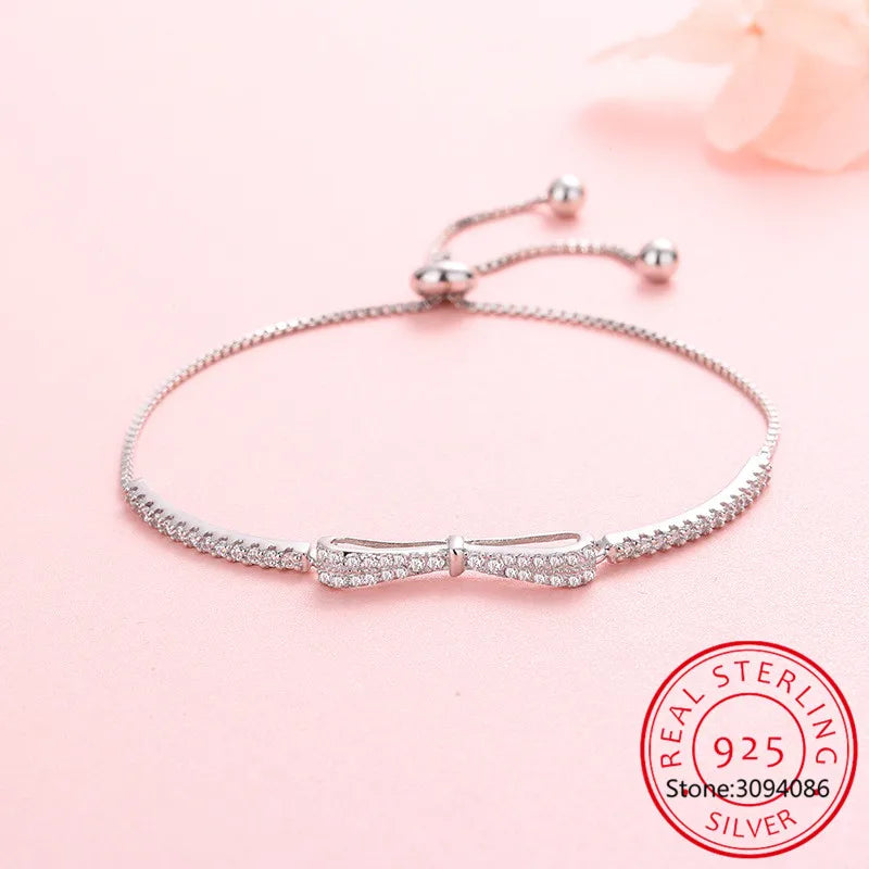 Real 925 Sterling Silver Bowknot Bracelet for Women Shiny Zircon Tennis Hard Bracelet Homme Wedding Party Jewelry Gifts