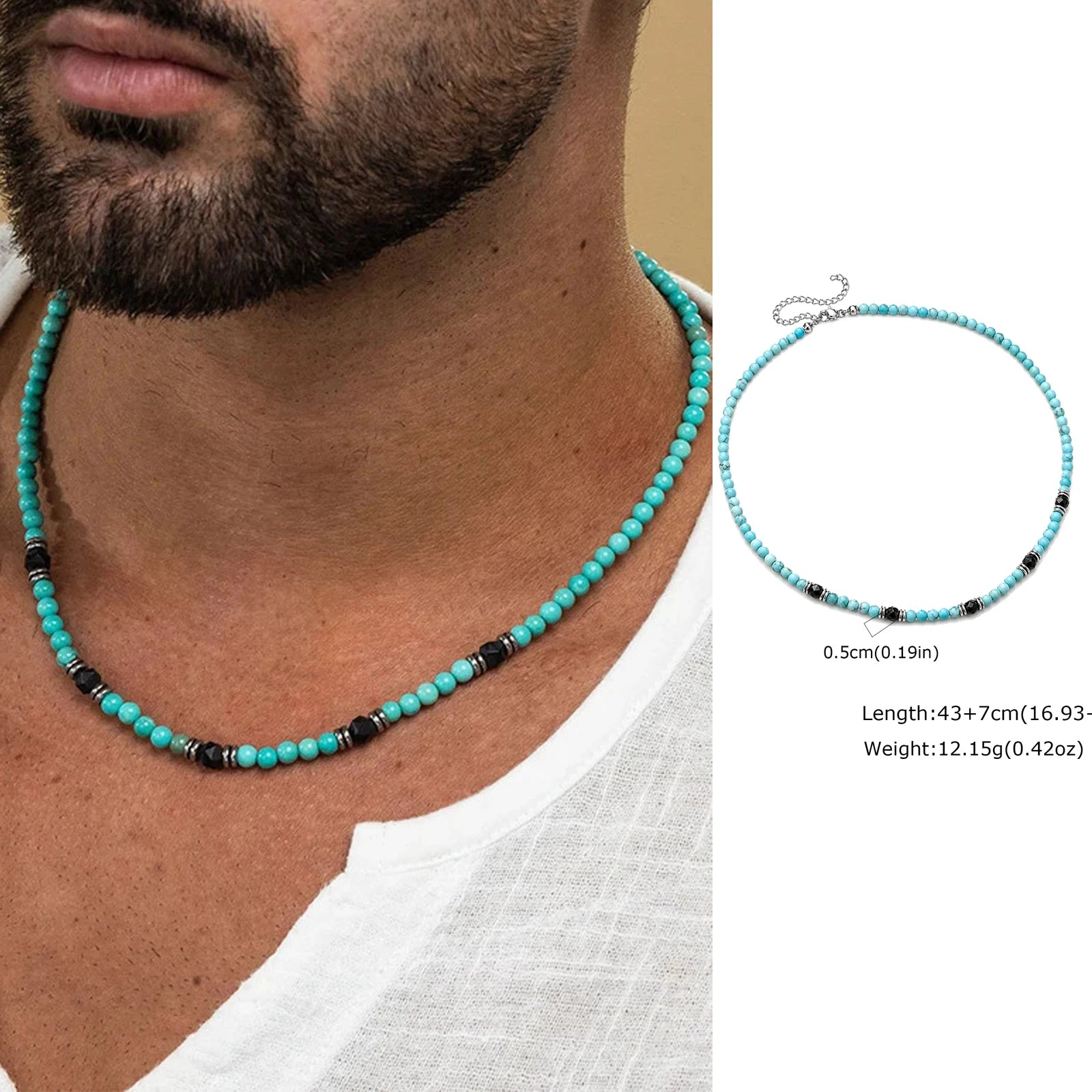 Synthetic Turquoise Necklaces for Men Boys,Natural Stone Mini Beads Necklaces,Summer Beach Bohemian Male Jewelry Gift
