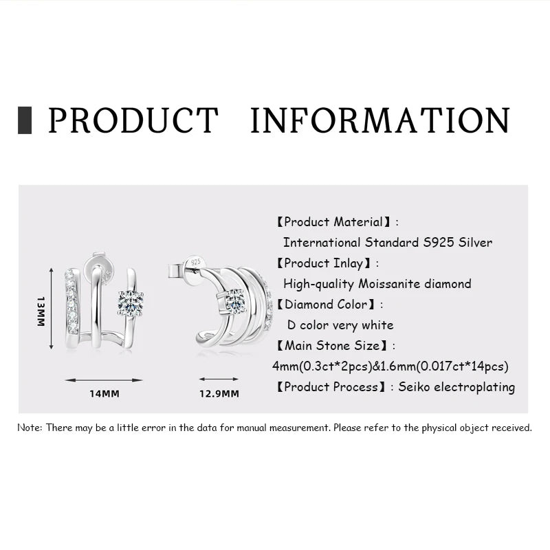 OXTAO Round Moissanite Hoops Earrings Fashion Half Open Cuff Real 925 Silver Piercing Stud Earrings Jewelry Gift for Women