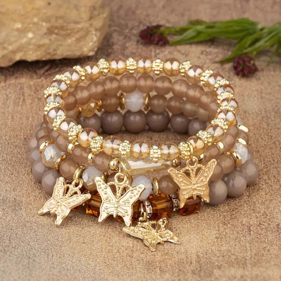 4Pcs Bohemia Butterfly Charm Bracelet Set For Women Acrylic Beads Elastic Chain Bangle Men Wristband Fashion Party Jewelry Gift