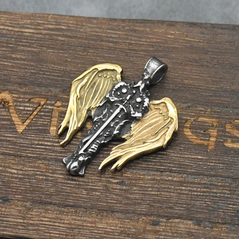Norse Men's Knight Archangel Wings Pendant Guardian Angel Christian Amulet Necklace Holder Fashion Male Jewelry Gift