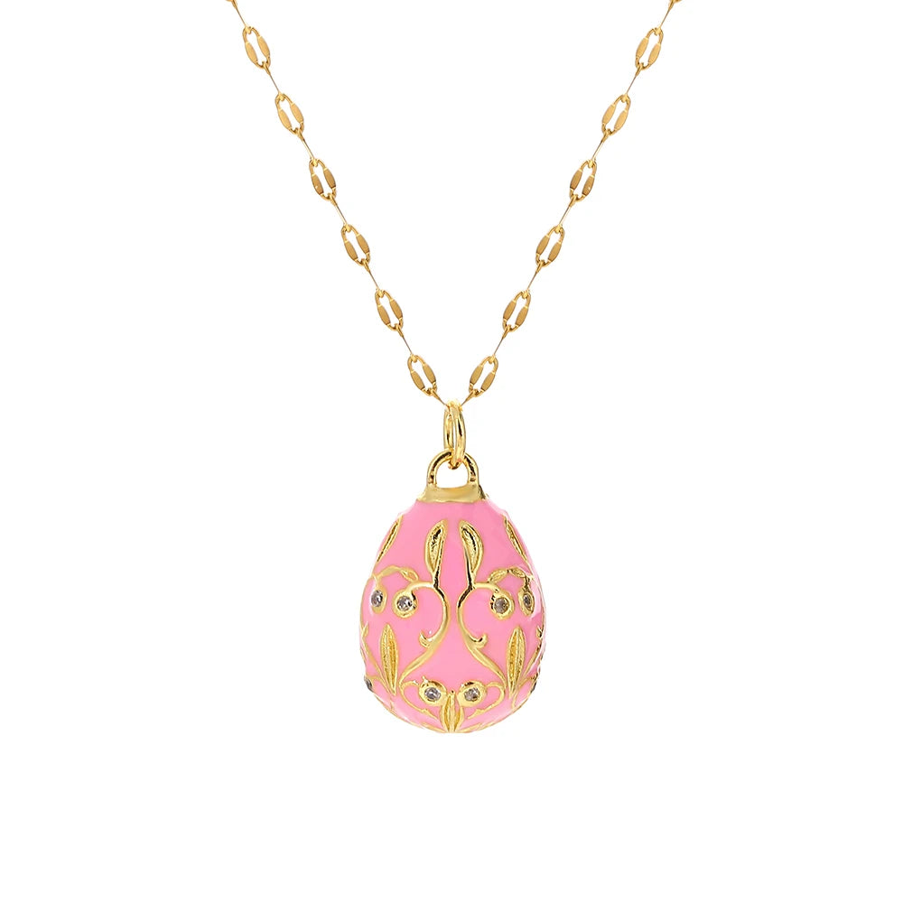 Greatera Colorful Enamel Easter Egg Pendant Necklaces for Women Guilloche Locket Egg Gold Plated Chain Necklaces Party Jewelry