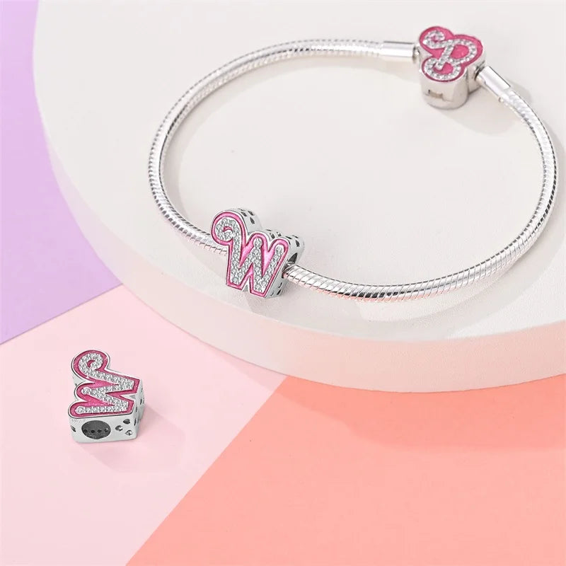 925 Silver 26 Alphabet Pink Princess Letters Charms Bead Fit Pandach 925 Original Bracelet DIY Anniversary Birthday Jewelry Gift