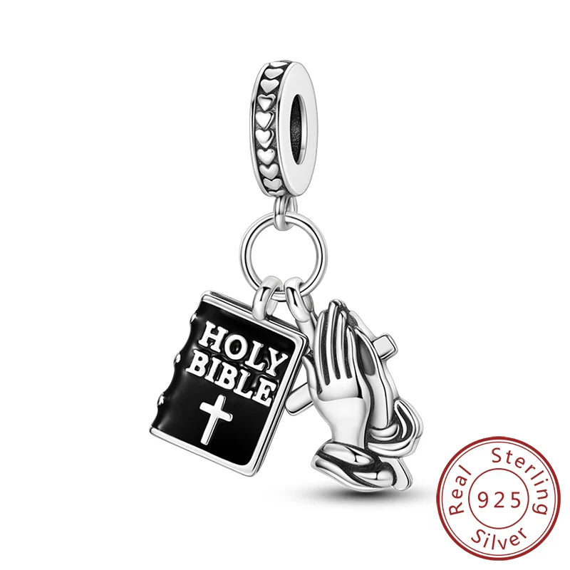 100% 925 Sterling Silver Charms Beads Bible Zircon Cross Jesus Both Hands Pray Fit 925 Original Bracelets Fine DIY Party Jewelry