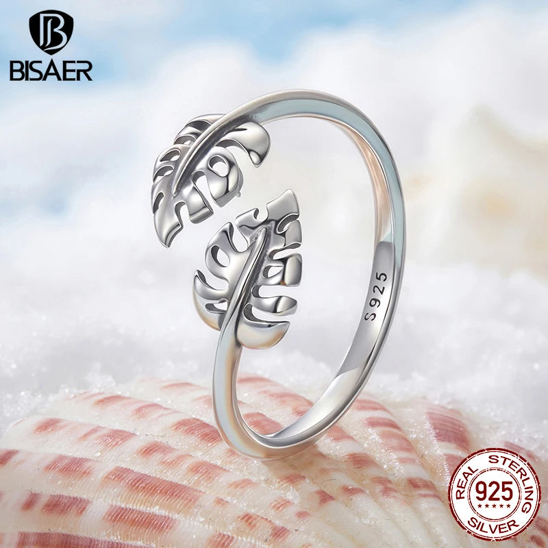 BISAER 925 Sterling Silver Turtleback Leaf Open Ring Adjustment Size 5-9 Band for Women Party Original Fine Jewelry EFR671-E