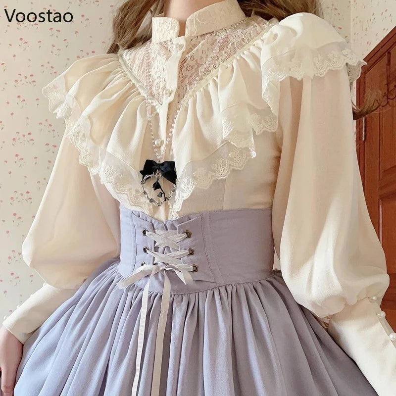 Gothic Y2k Lolita Style Shirts Women Vintage Long Sleeve Princess Blouses Girls Victorian Sweet Lace Ruffles Tops Blusas Mujer