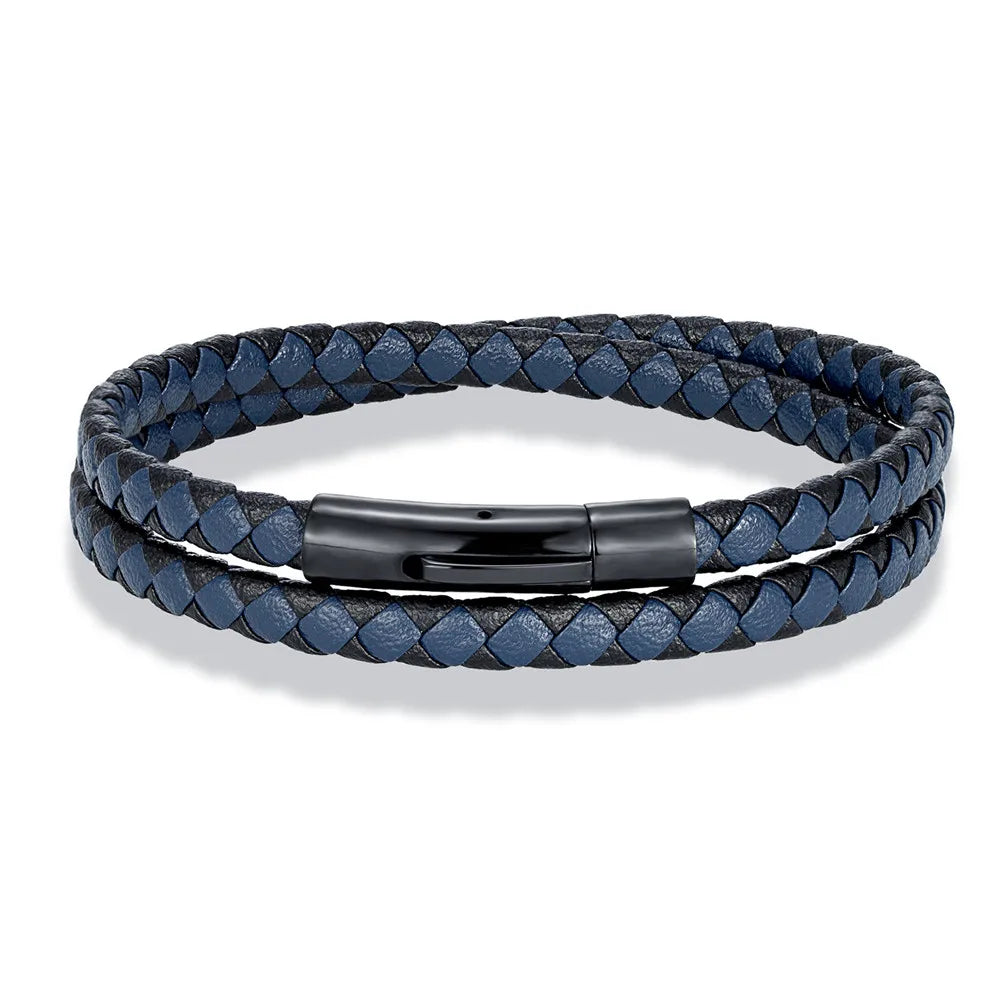MKENDN Klassisches, schlichtes, blau-schwarzes geflochtenes Lederarmband für Herren und Damen, handgefertigt, gewebt, doppellagiges Design, Edelstahlschmuck