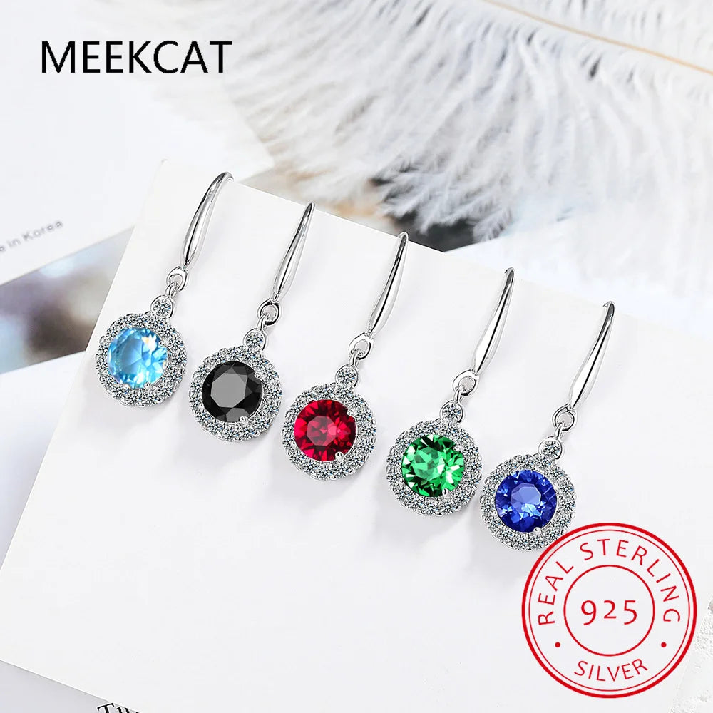 Round Genuine Red Garnet 925 Sterling Silver Drop Earrings for Women Fashion Engagement Jewelry Birthstone Brincos de Prata