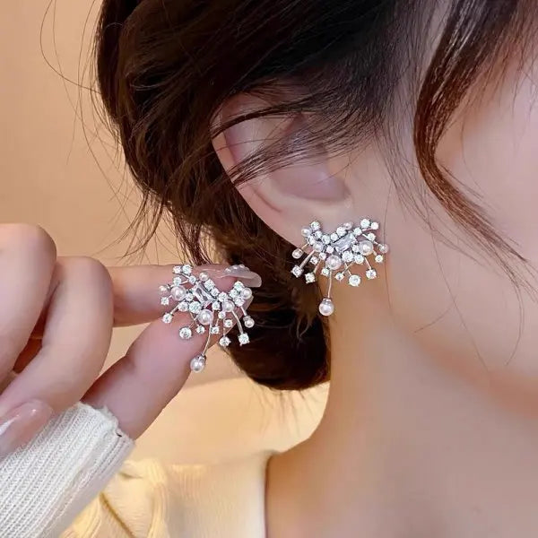 Sparking Snowflake Earrings For Women Shiny Zircon Imitation Pearl Firework Exquisite Earring Christmas New Year Party Jewelry