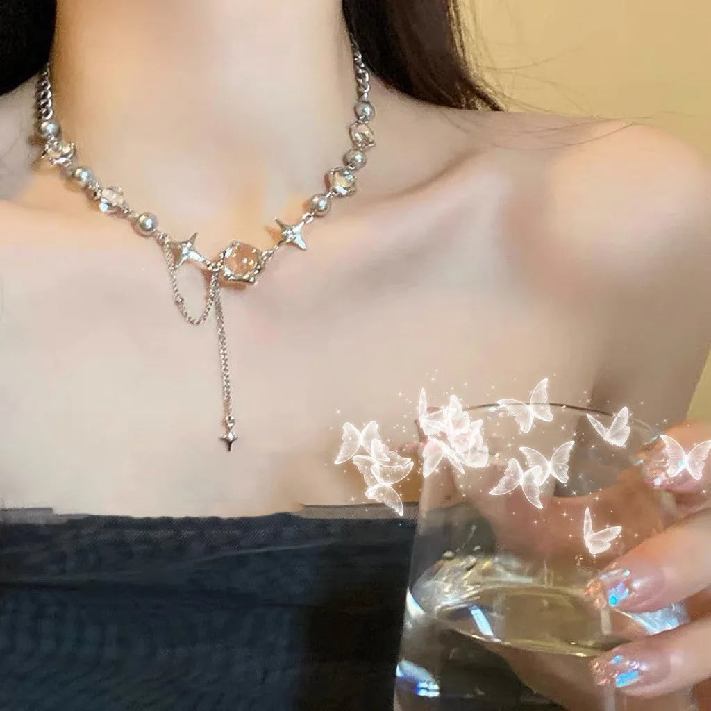 Y2K Retro Kpop Silver Color Pendant Necklaces For Women Gothic Zircon Heart Cross Tassel Necklace Punk Clavicle Choker Jewelry