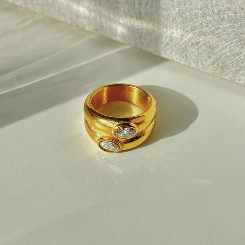 Vintage Double Round Circle Polished Gold Plated Zircon Knuckle Ring Anti Allergic Metal Stainless Steel Teardrop Crystal Rings