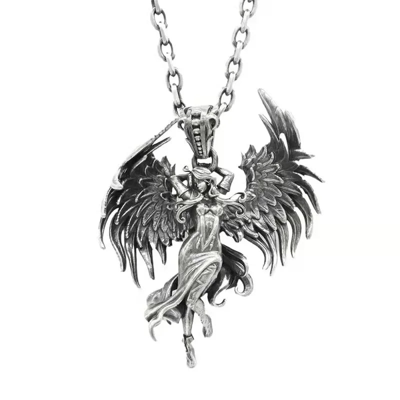 Heavy Industry Angel Pendant Necklace Unisex Fashion Vintage Beauty Mechanical Girl Skeleton Couple Match Sweater Chain