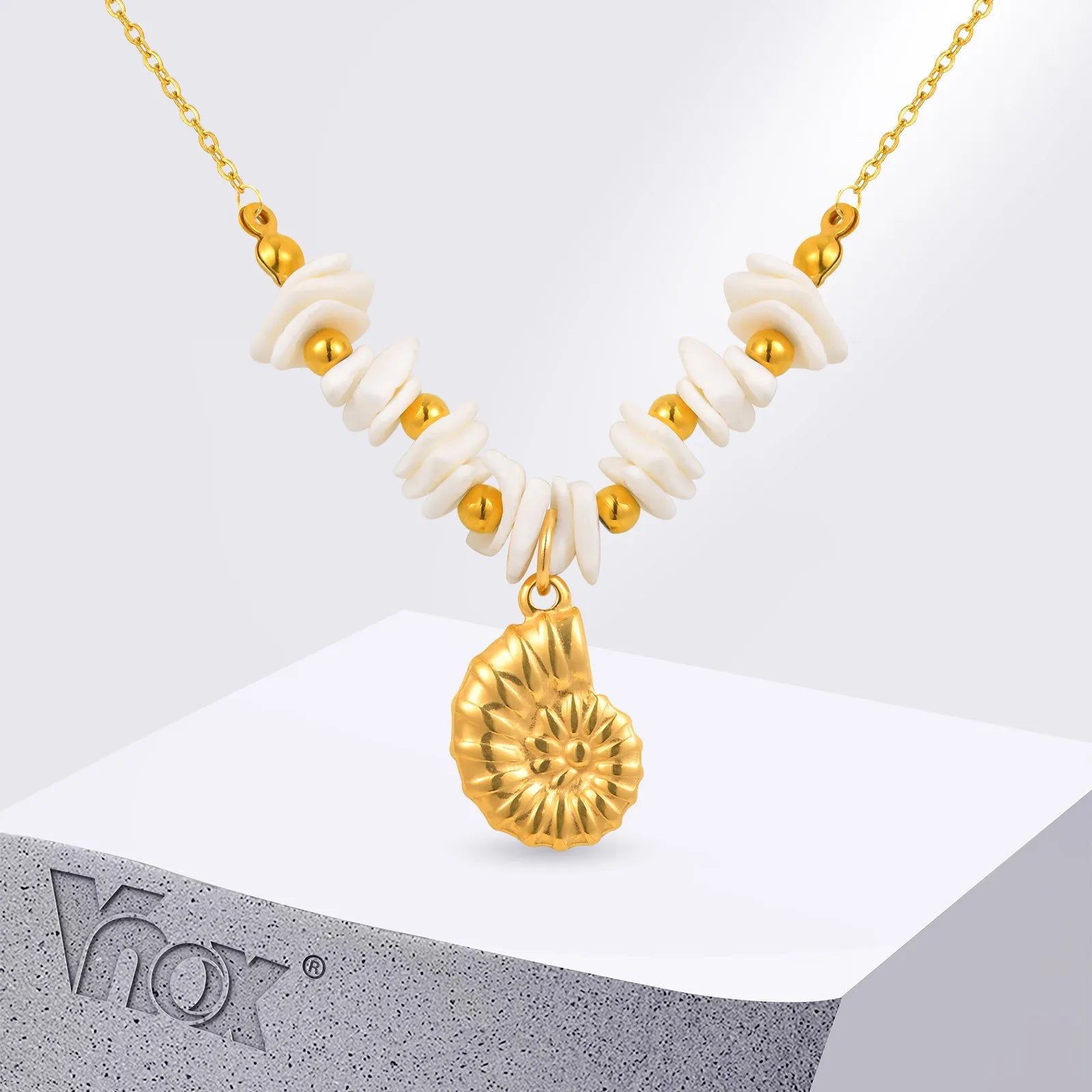 Vnox New Original Design Bell Conch Pendent Necklaces For Women,Stainless Steel White Square Bead Chain,Beach Waterproof Jewelry