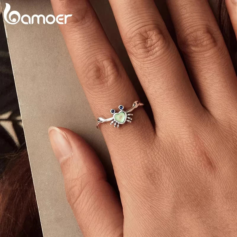 BAMOER 2025 Solid 925 Sterling Silver Cute Crab Adjustable Rings Lovely Animals Open Ring Jewelry for Women SCR1122-E