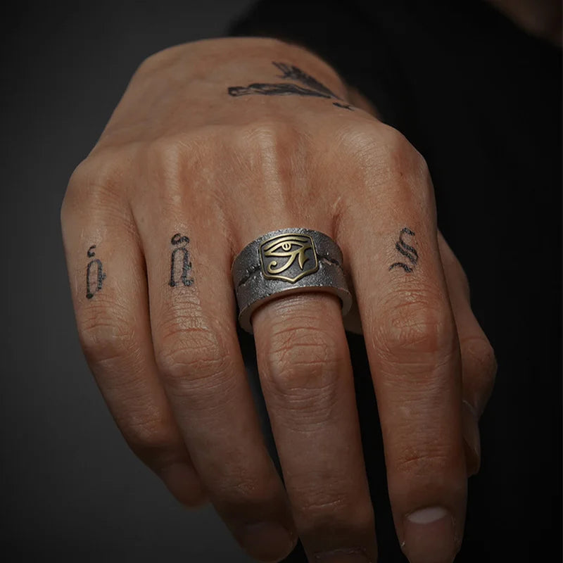 Retro Cracking Golden Horus Eye Wide Ring For Men Punk Gothic Adjustable Open Ring Handmade Designer Jewelry Unisex Accessories