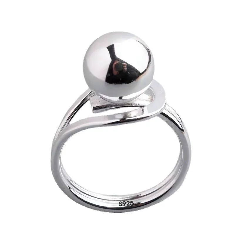 925 Sterling Silver Simple Ring For Women Fine Jewelry Finger Adjustable Open Vintage Big Ball Ring For Party Birthday Gift